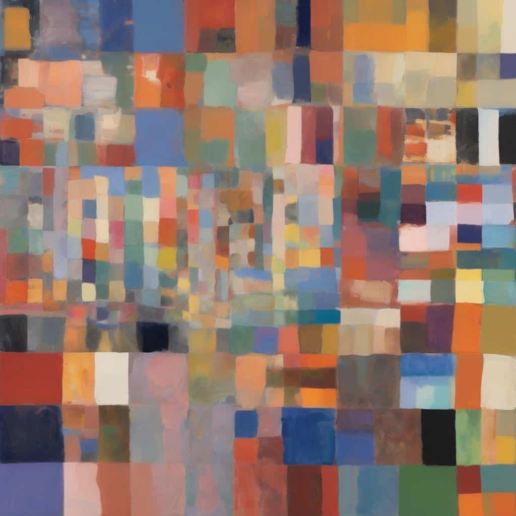 σύγχρονη εικαστική τέχνη, αφηρημένο έργο τέχνης με πολύχρωμες γεωμετρικές φόρμες, σύγχρονη τέχνη, ζωγραφική με εικαστικές τεχνικές, ιστορία της εικαστικής τέχνης, σύγχρονες τάσεις στην εικαστική δημιουργία.