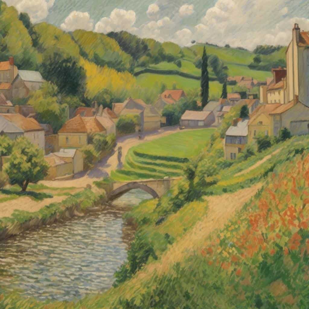 Ουράνια τοπία και παραδοσιακά σπίτια στην ύπαιθρο, με ελαιογραφία που απεικονίζει την ιστορία της εικαστικής τέχνης και την εξέλιξη των ζωγραφικών ρευμάτων.