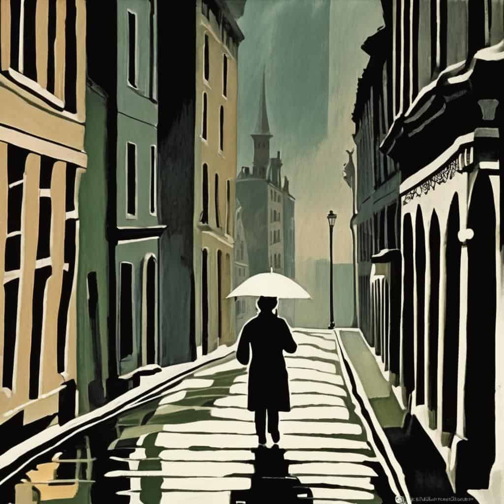 Ουρανός της βροχής με άνθρωπο που περπατά με ομπρέλα σε αστικές σκηνές, εμπνευσμένο από την ιστορία της εικαστικής τέχνης, σε ατμόσφαιρα μοντερνισμού και εκφραστικότητας.