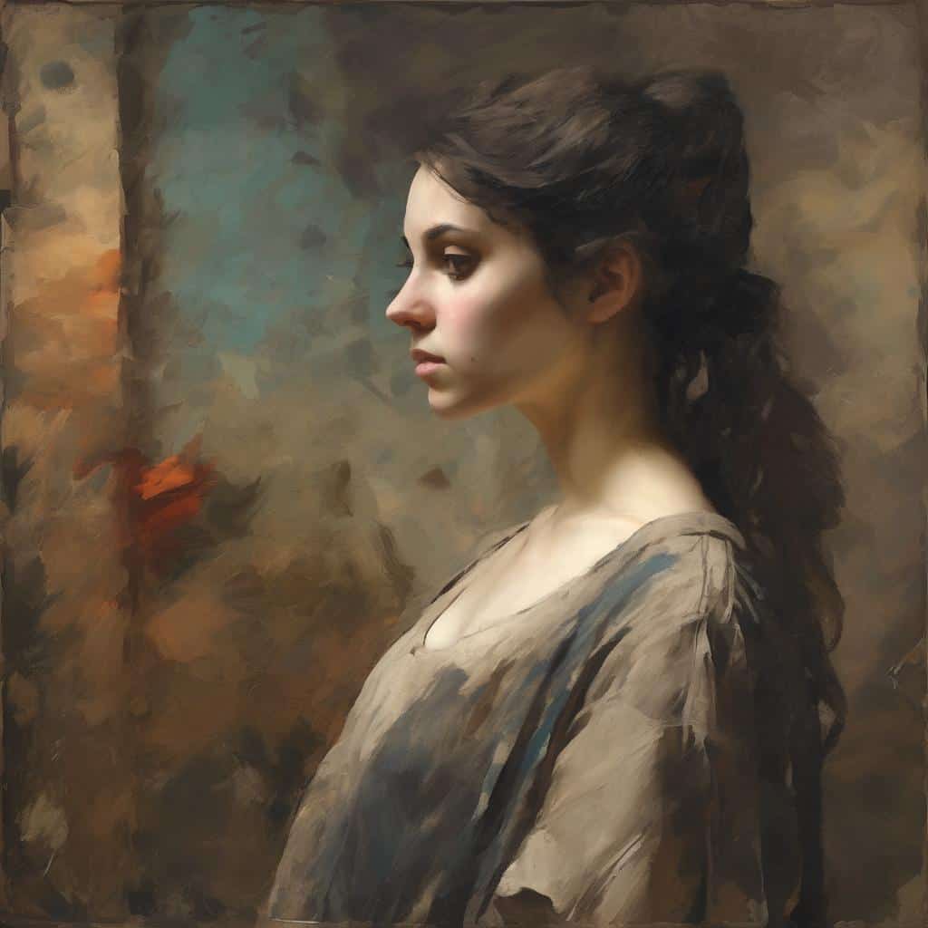 Λιμάνι γυναικεία πορτρέτο σε ζωγραφική εικαστική μορφή, με έμφαση στη λεπτομέρεια και τον φωτισμό.