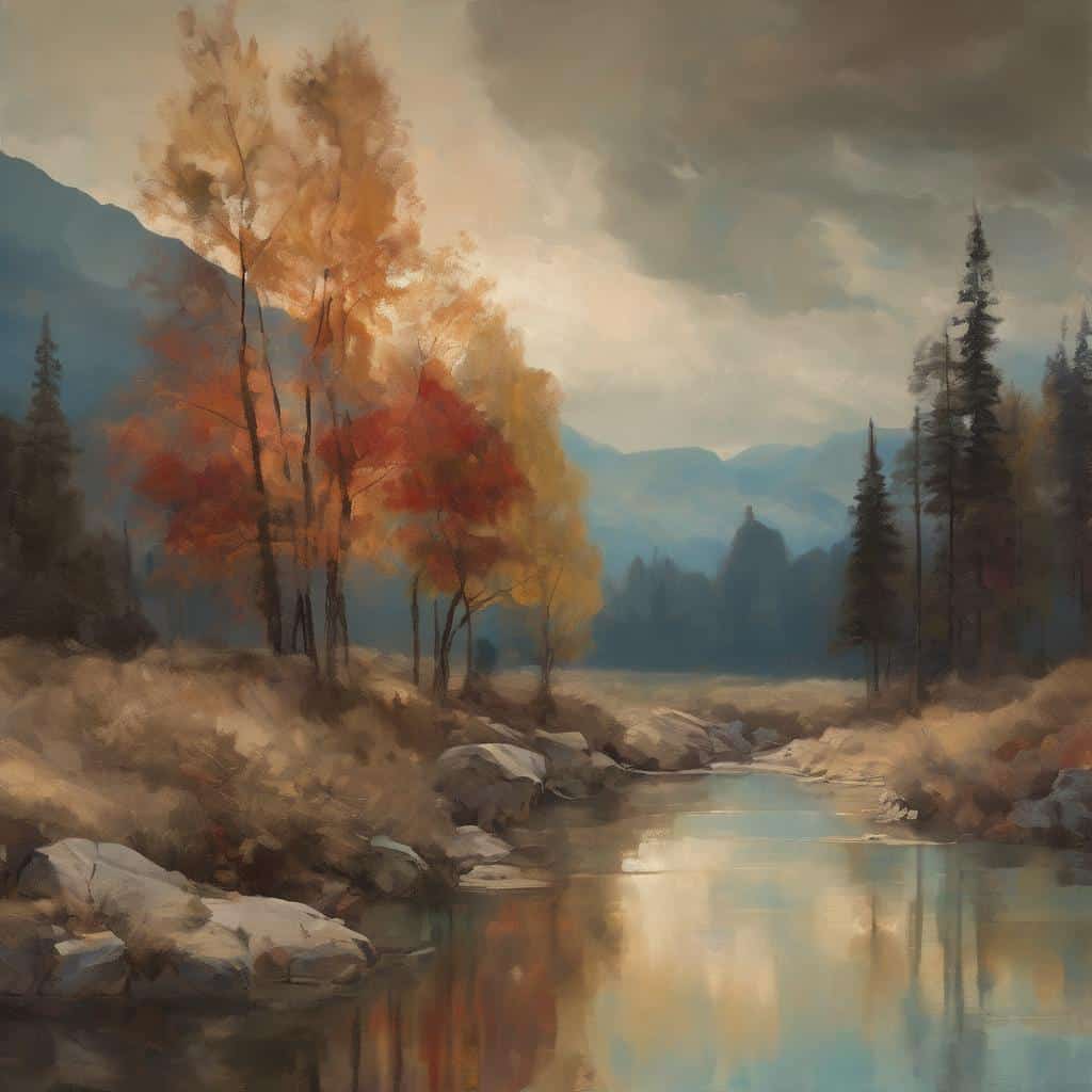 Ουρανογράφημα με δέντρα και ποτάμι σε φθινοπωρινό τοπίο, ρεαλιστική ζωγραφική, εικαστική τέχνη, ιστορία τέχνης, τοπία, φυσική ομορφιά, καλλιτεχνική δημιουργία, σύγχρονη ζωγραφική, εικόνα nature painting, landscape art.