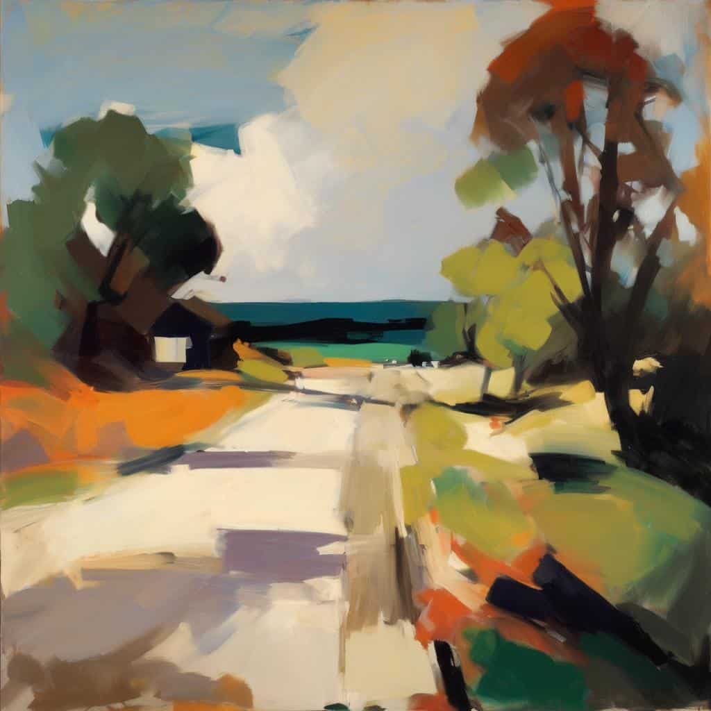 Φωτογραφία με αφαιρετικό τοπίο σε στυλ εικαστικής τέχνης, με έντονες χρωματικές πινελιές και δημιουργική αποτύπωση φύσης και δρόμου.