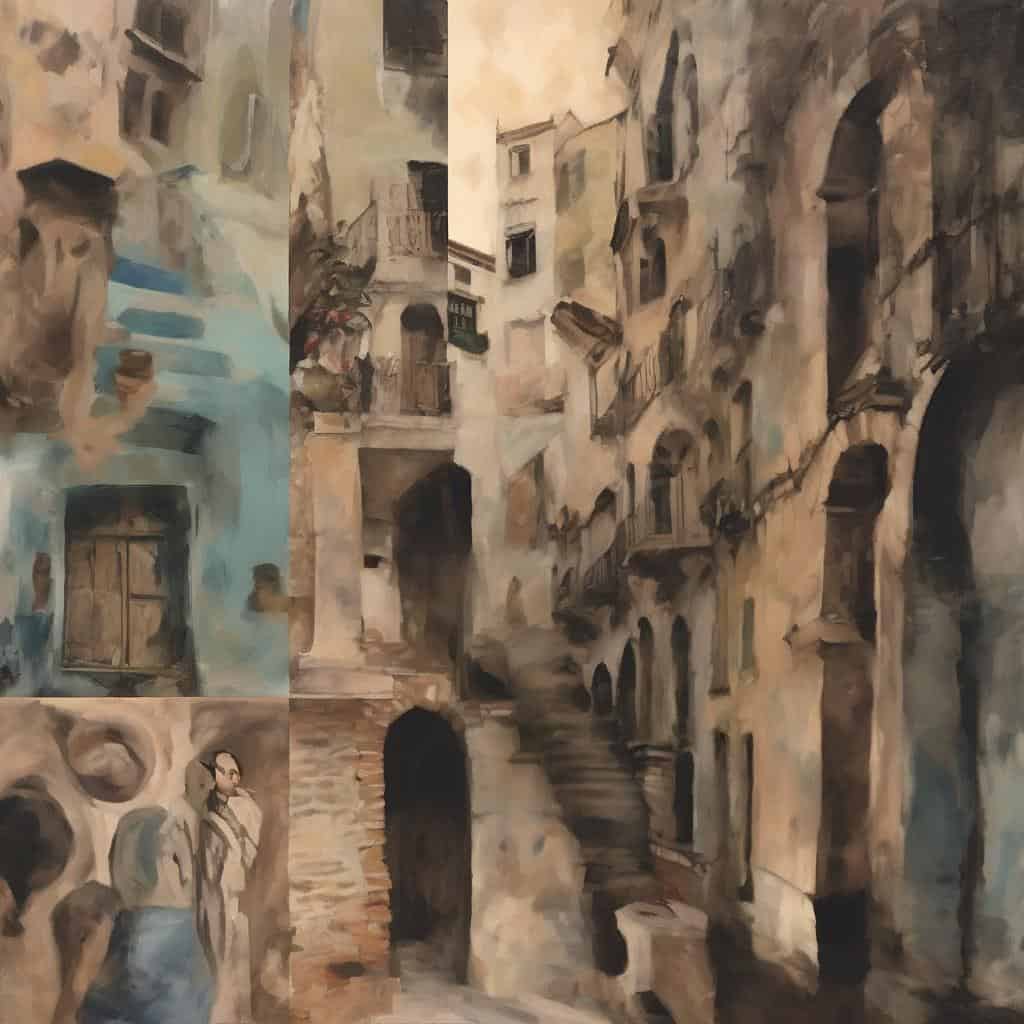 Λιθόστρωτα σοκάκια παλιών ευρωπαϊκών πόλεων με αρχοντικά και σκαλοπάτια, σε ρεαλιστικό ύφος, απεικονίζοντας την ιστορία της εικαστικής τέχνης και την αρχιτεκτονική κληρονομιά.