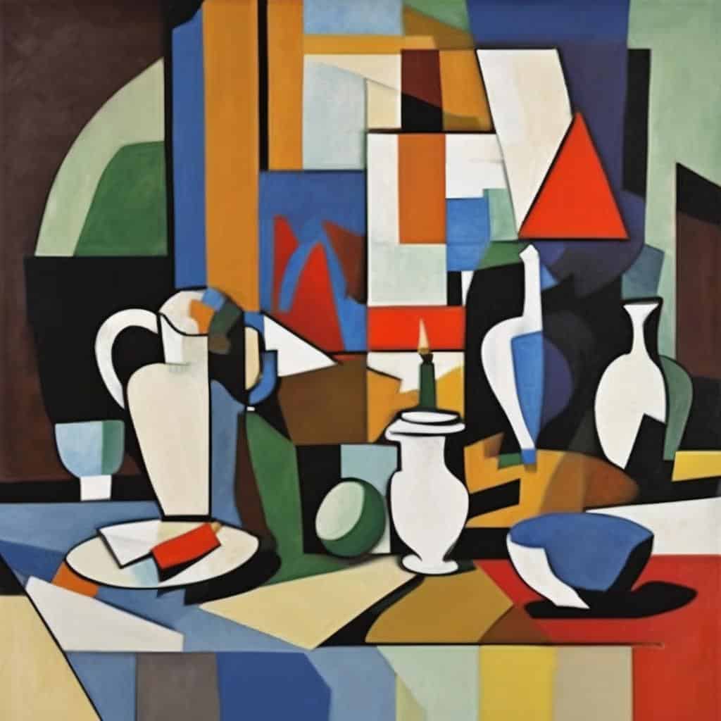 Πίνακας σε αφηρηστή μορφή με γεωμετρικά σχήματα και έντονα χρώματα, εμπνευσμένος από την ιστορία της εικαστικής τέχνης και τον κυβισμό.