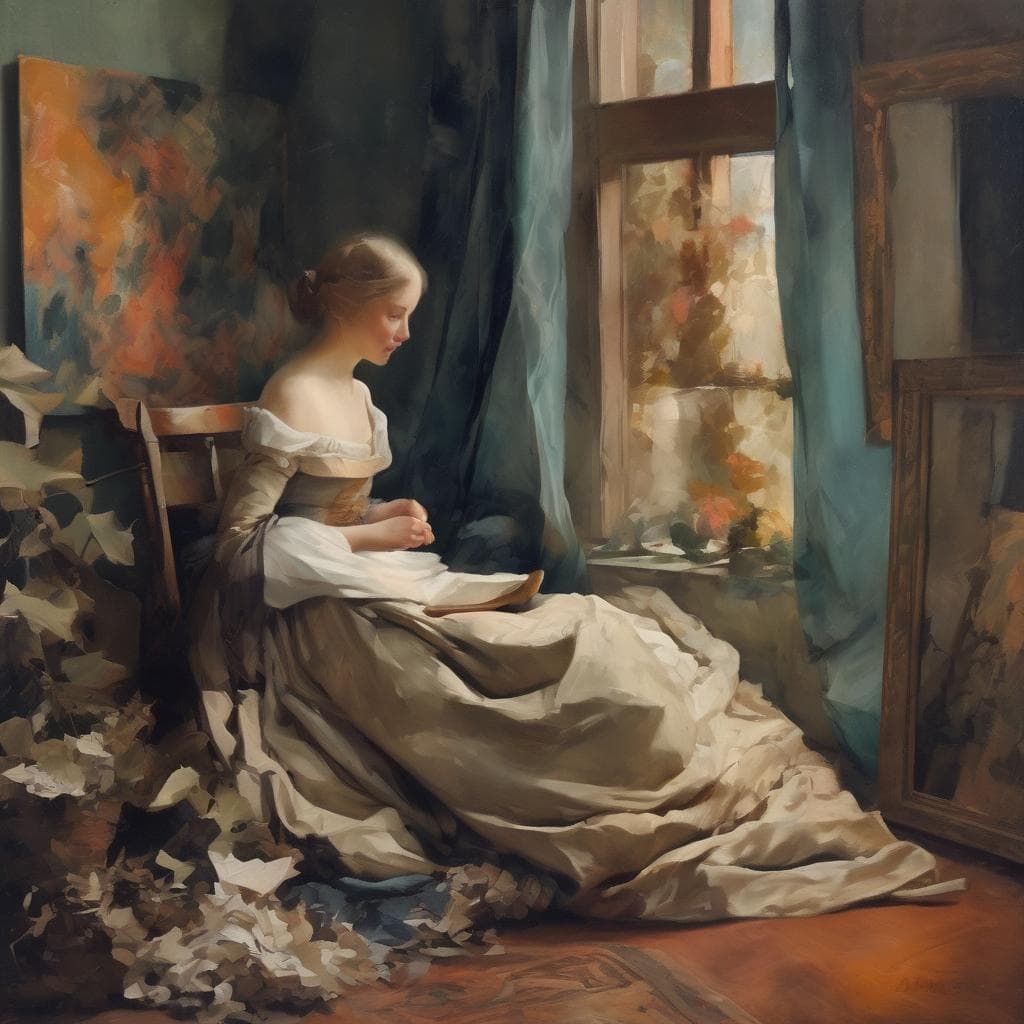 Παθέο κλασική γυναίκα σε εσωτερικό χώρο, διαβάζοντας βιβλίο δίπλα σε παράθυρο με γαλάζιες κουρτίνες.