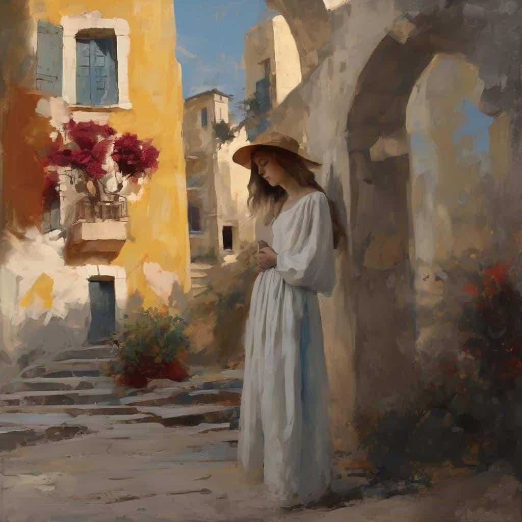 Εικόνα γυναικείου πορτρέτου σε ελαιογραφία, με ανοιχτόχρωμα ρούχα και καπέλο, σε γραφικό τοπίο με παλιά κτίρια και λουλούδια, που αναδεικνύει την ιστορία της εικαστικής τέχνης και την απόδοση τοπιογραφίας.